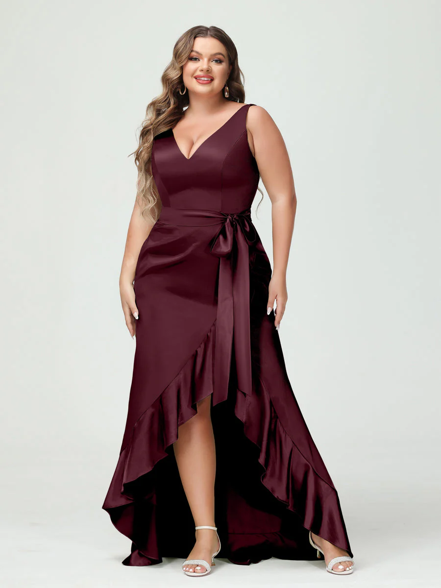 Sheath/Column V-Neck Sleeveless Ruffles High Low Plus Size Dresses with Pockets & Sash - Image 11