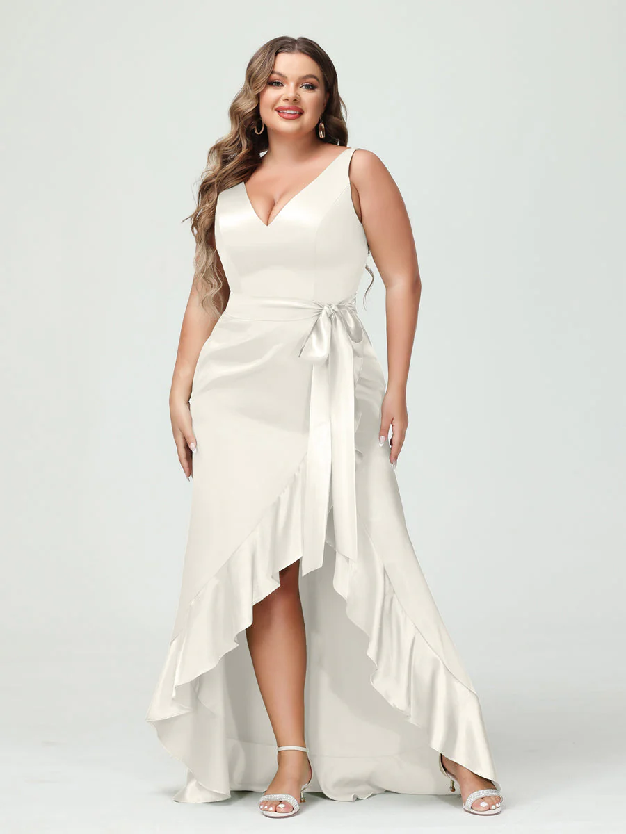 Sheath/Column V-Neck Sleeveless Ruffles High Low Plus Size Dresses with Pockets & Sash - Image 15