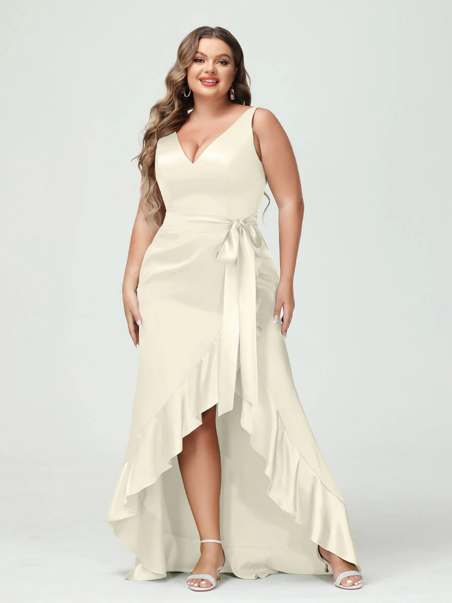 Sheath/Column V-Neck Sleeveless Ruffles High Low Plus Size Dresses with Pockets & Sash - Image 16