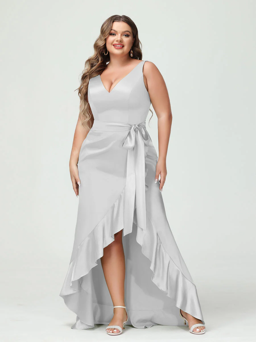 Sheath/Column V-Neck Sleeveless Ruffles High Low Plus Size Dresses with Pockets & Sash - Image 17