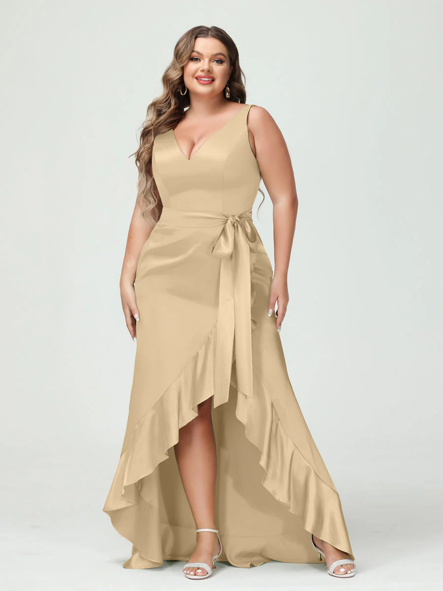 Sheath/Column V-Neck Sleeveless Ruffles High Low Plus Size Dresses with Pockets & Sash - Image 19