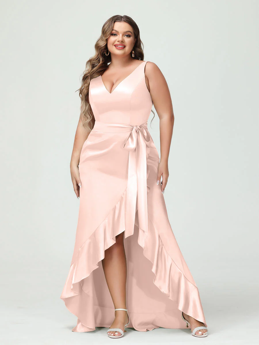 Sheath/Column V-Neck Sleeveless Ruffles High Low Plus Size Dresses with Pockets & Sash - Image 21