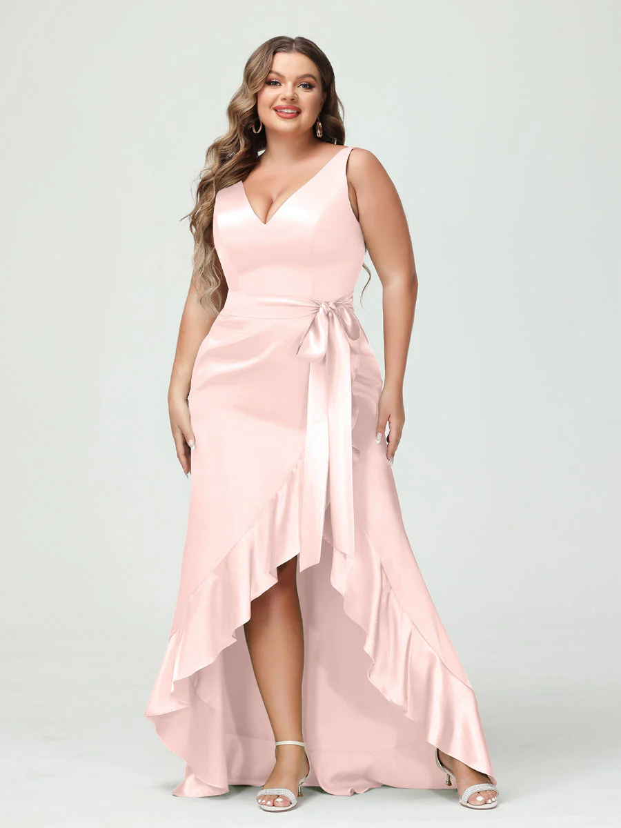 Sheath/Column V-Neck Sleeveless Ruffles High Low Plus Size Dresses with Pockets & Sash - Image 23