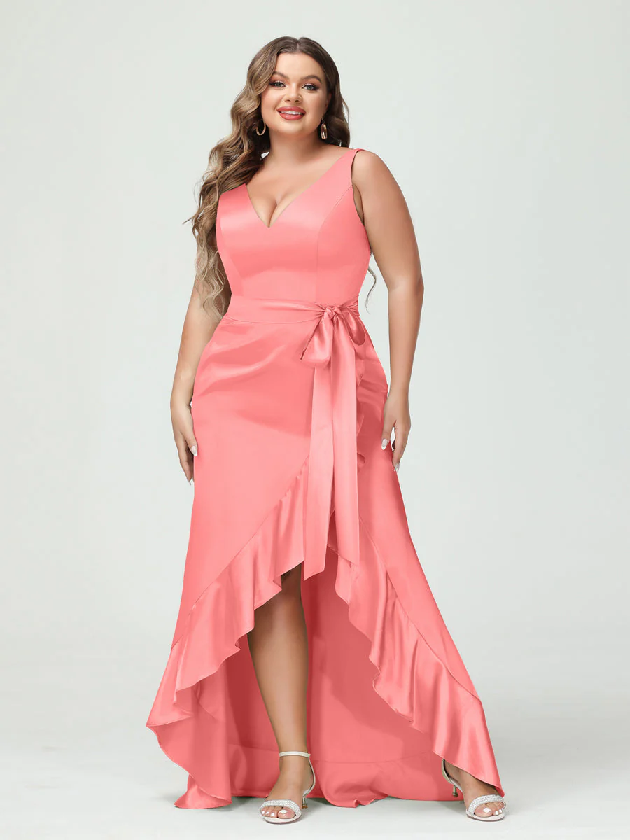Sheath/Column V-Neck Sleeveless Ruffles High Low Plus Size Dresses with Pockets & Sash - Image 27