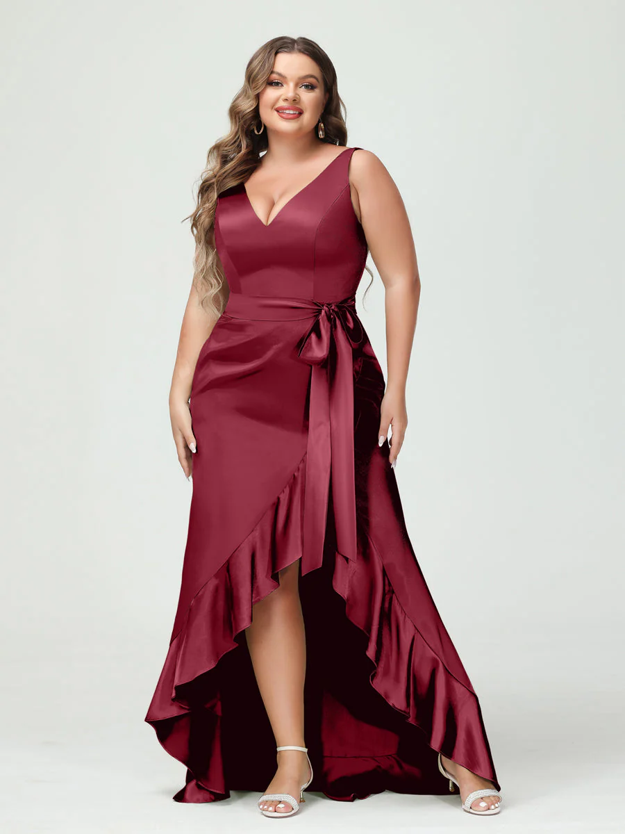 Sheath/Column V-Neck Sleeveless Ruffles High Low Plus Size Dresses with Pockets & Sash - Image 30