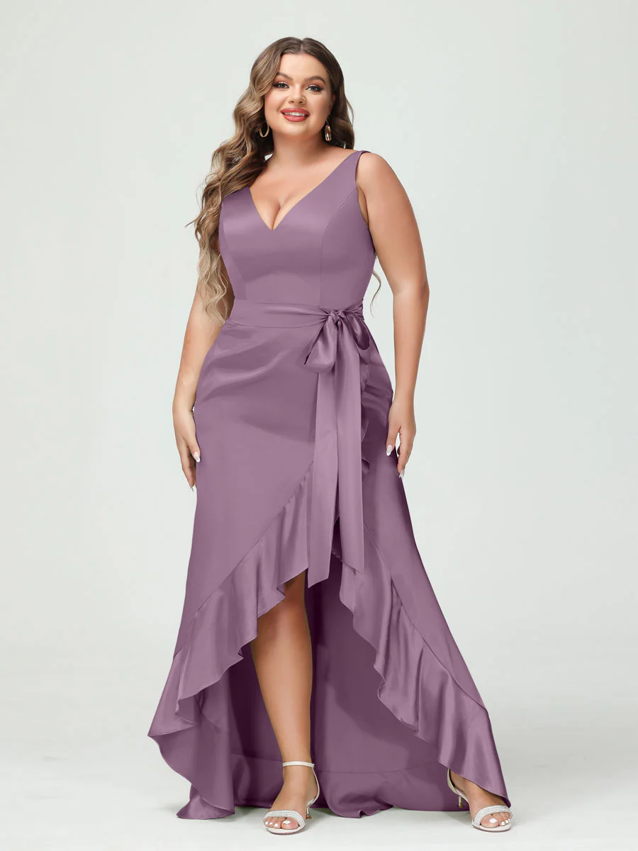 Sheath/Column V-Neck Sleeveless Ruffles High Low Plus Size Dresses with Pockets & Sash - Image 31