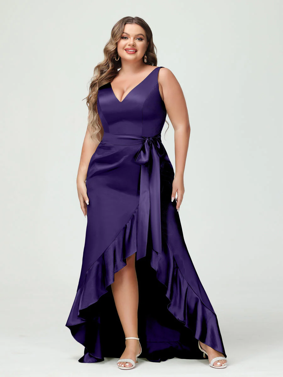 Sheath/Column V-Neck Sleeveless Ruffles High Low Plus Size Dresses with Pockets & Sash - Image 32