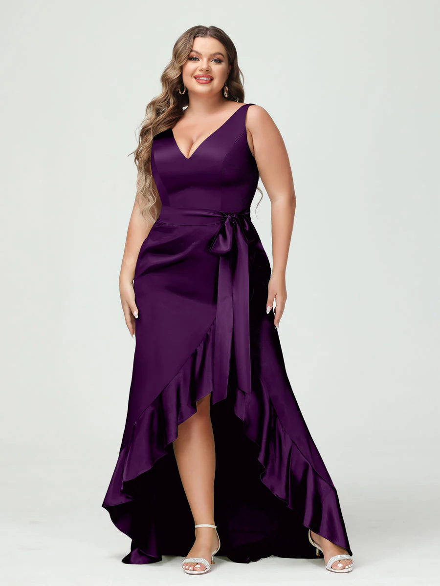 Sheath/Column V-Neck Sleeveless Ruffles High Low Plus Size Dresses with Pockets & Sash - Image 36