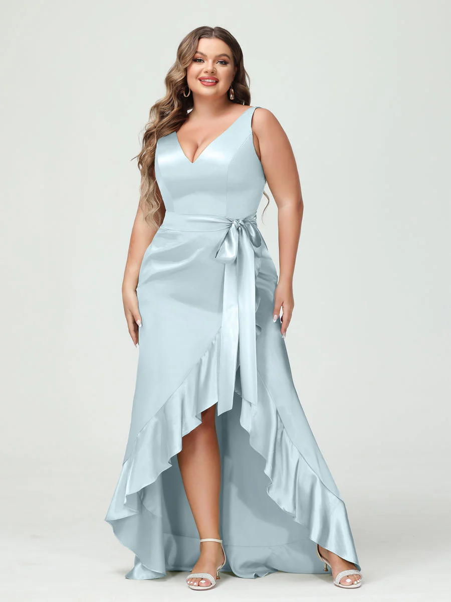 Sheath/Column V-Neck Sleeveless Ruffles High Low Plus Size Dresses with Pockets & Sash - Image 37