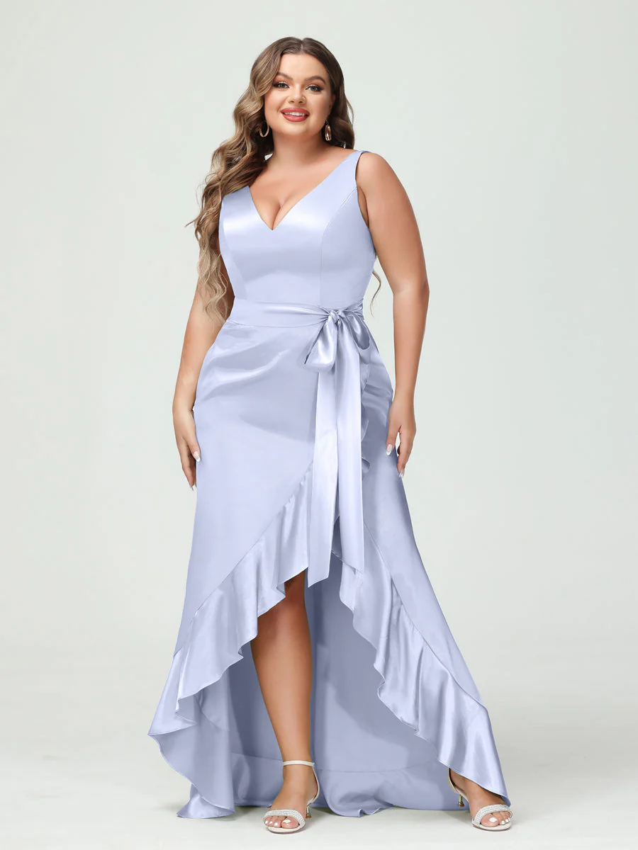 Sheath/Column V-Neck Sleeveless Ruffles High Low Plus Size Dresses with Pockets & Sash - Image 38