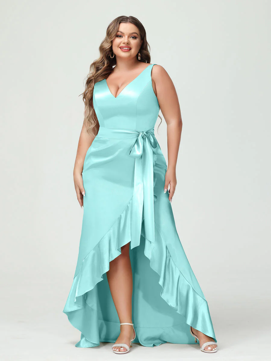 Sheath/Column V-Neck Sleeveless Ruffles High Low Plus Size Dresses with Pockets & Sash - Image 39