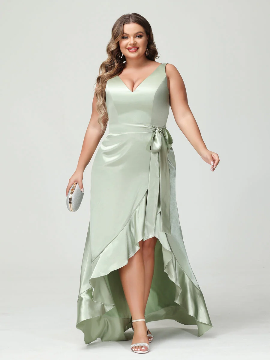 Sheath/Column V-Neck Sleeveless Ruffles High Low Plus Size Dresses with Pockets & Sash - Image 4