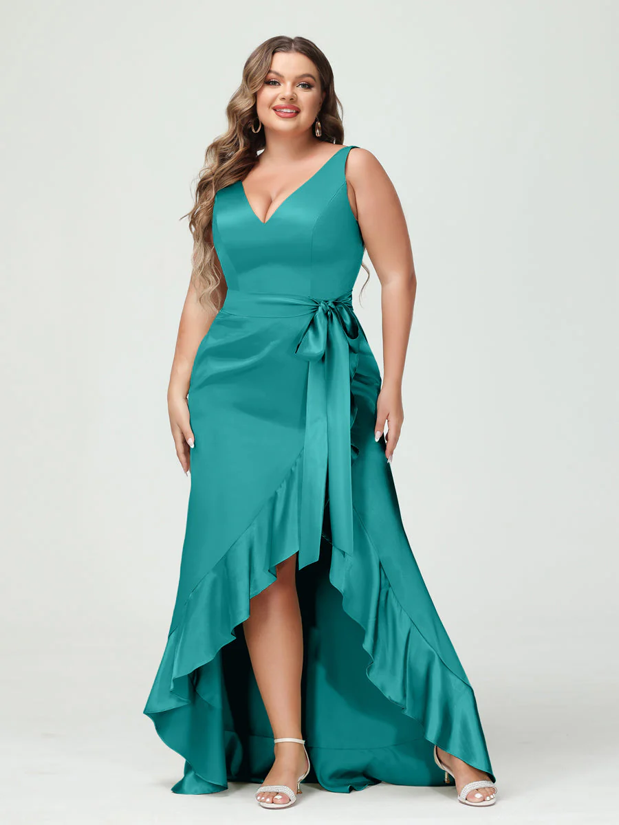 Sheath/Column V-Neck Sleeveless Ruffles High Low Plus Size Dresses with Pockets & Sash - Image 41