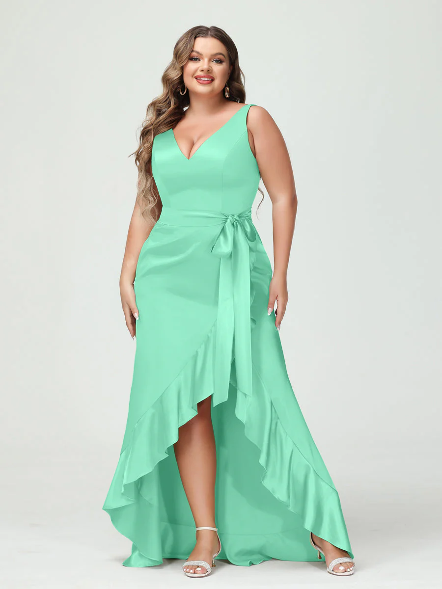 Sheath/Column V-Neck Sleeveless Ruffles High Low Plus Size Dresses with Pockets & Sash - Image 47