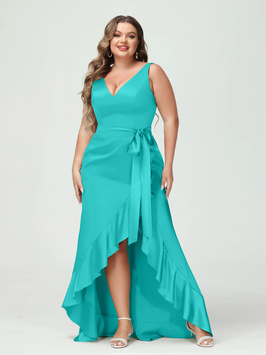 Sheath/Column V-Neck Sleeveless Ruffles High Low Plus Size Dresses with Pockets & Sash - Image 48
