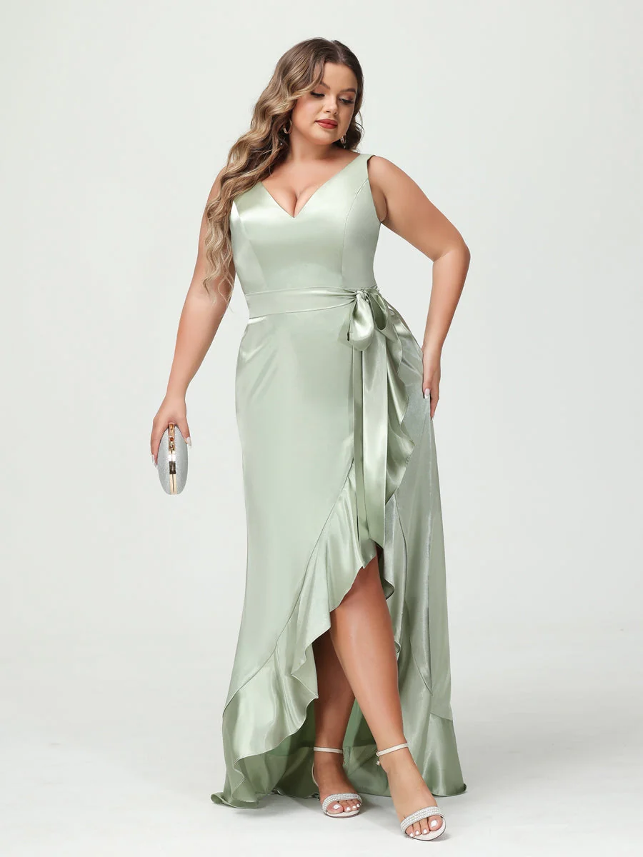 Sheath/Column V-Neck Sleeveless Ruffles High Low Plus Size Dresses with Pockets & Sash - Image 5