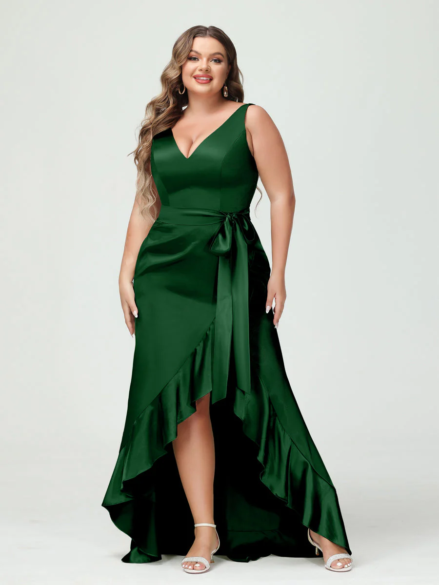 Sheath/Column V-Neck Sleeveless Ruffles High Low Plus Size Dresses with Pockets & Sash - Image 51