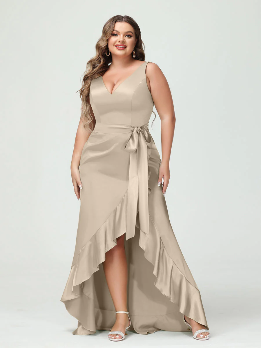 Sheath/Column V-Neck Sleeveless Ruffles High Low Plus Size Dresses with Pockets & Sash - Image 55