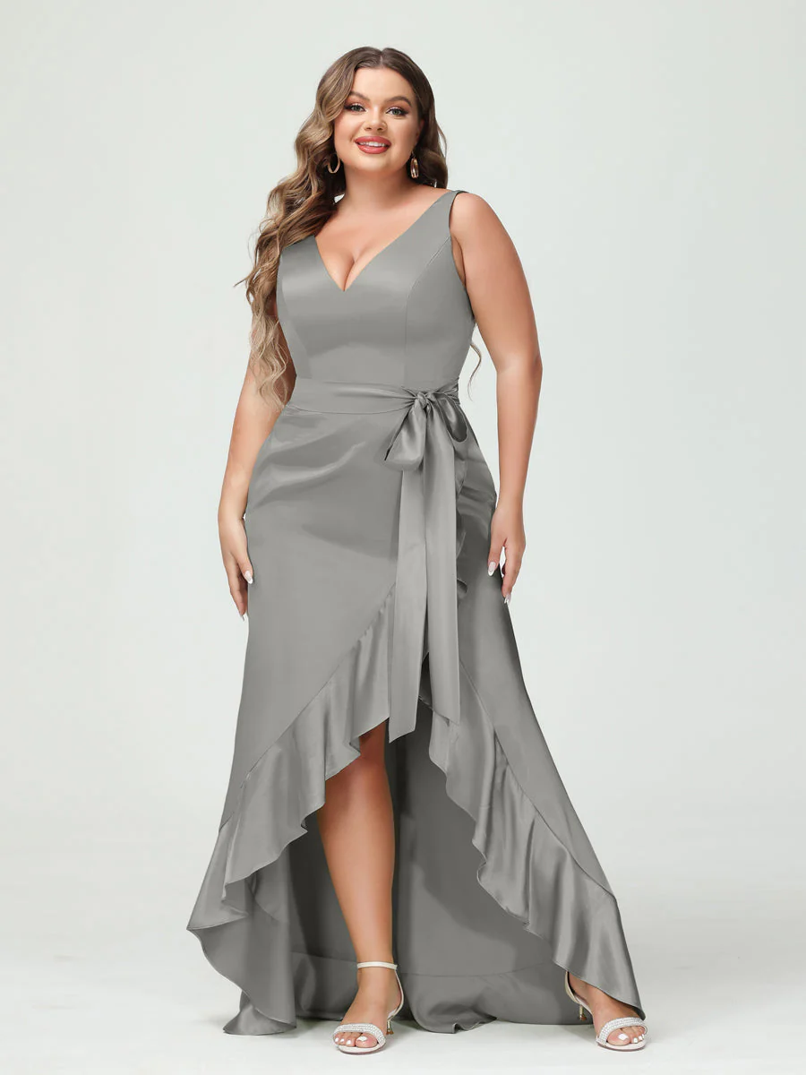 Sheath/Column V-Neck Sleeveless Ruffles High Low Plus Size Dresses with Pockets & Sash - Image 56