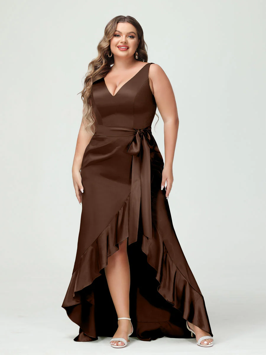 Sheath/Column V-Neck Sleeveless Ruffles High Low Plus Size Dresses with Pockets & Sash - Image 57