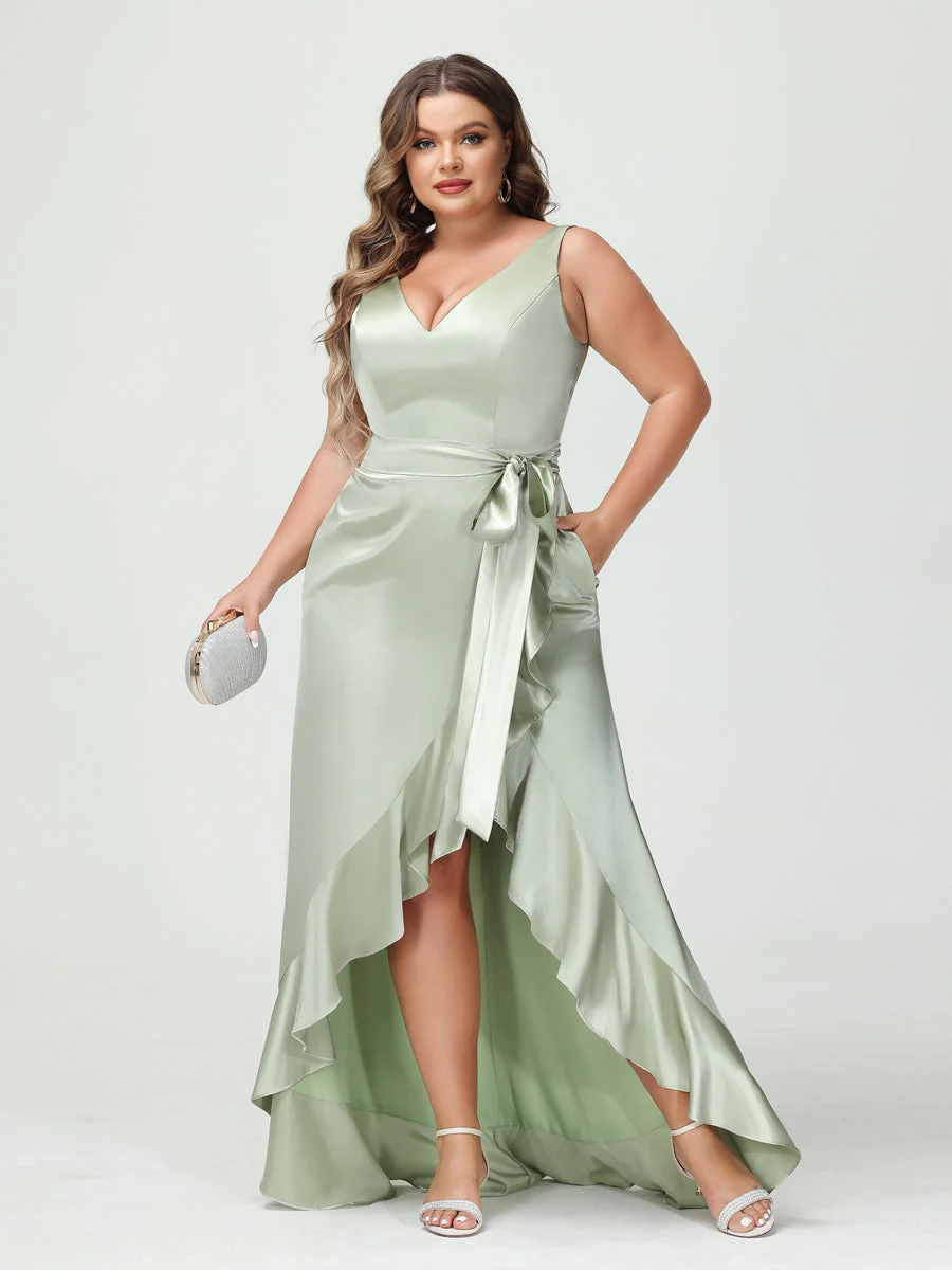 Sheath/Column V-Neck Sleeveless Ruffles High Low Plus Size Dresses with Pockets & Sash - Image 6