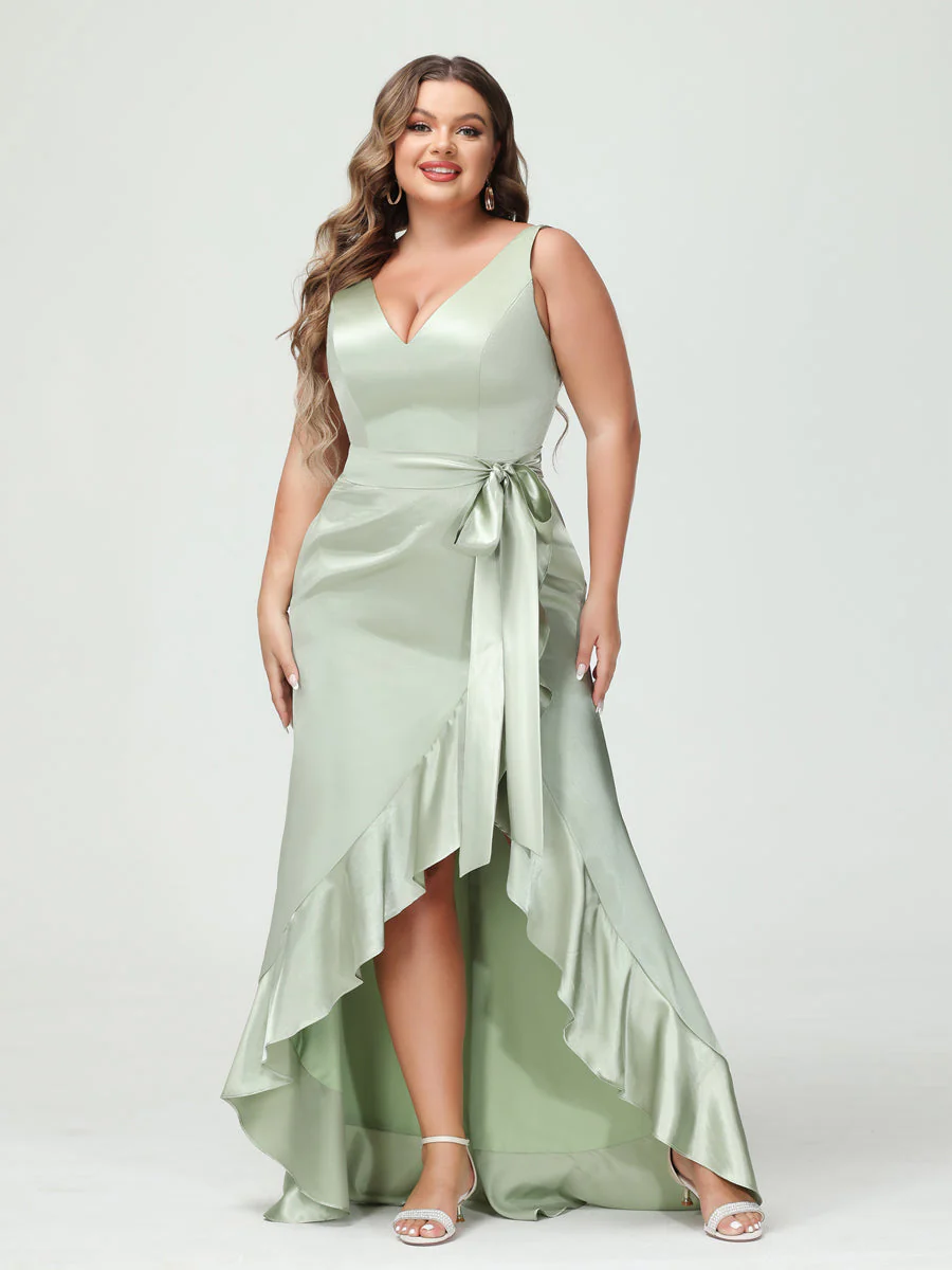 Sheath/Column V-Neck Sleeveless Ruffles High Low Plus Size Dresses with Pockets & Sash - Image 7
