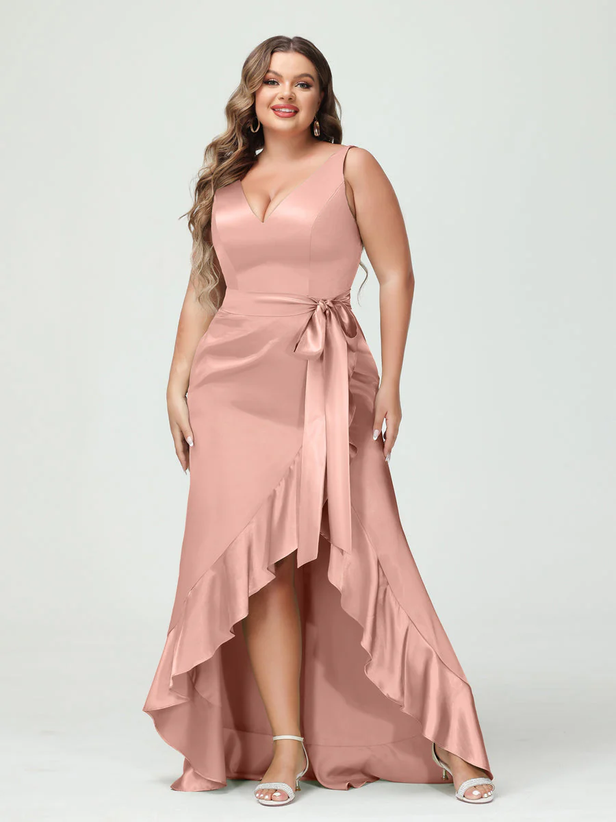 Sheath/Column V-Neck Sleeveless Ruffles High Low Plus Size Dresses with Pockets & Sash - Image 8