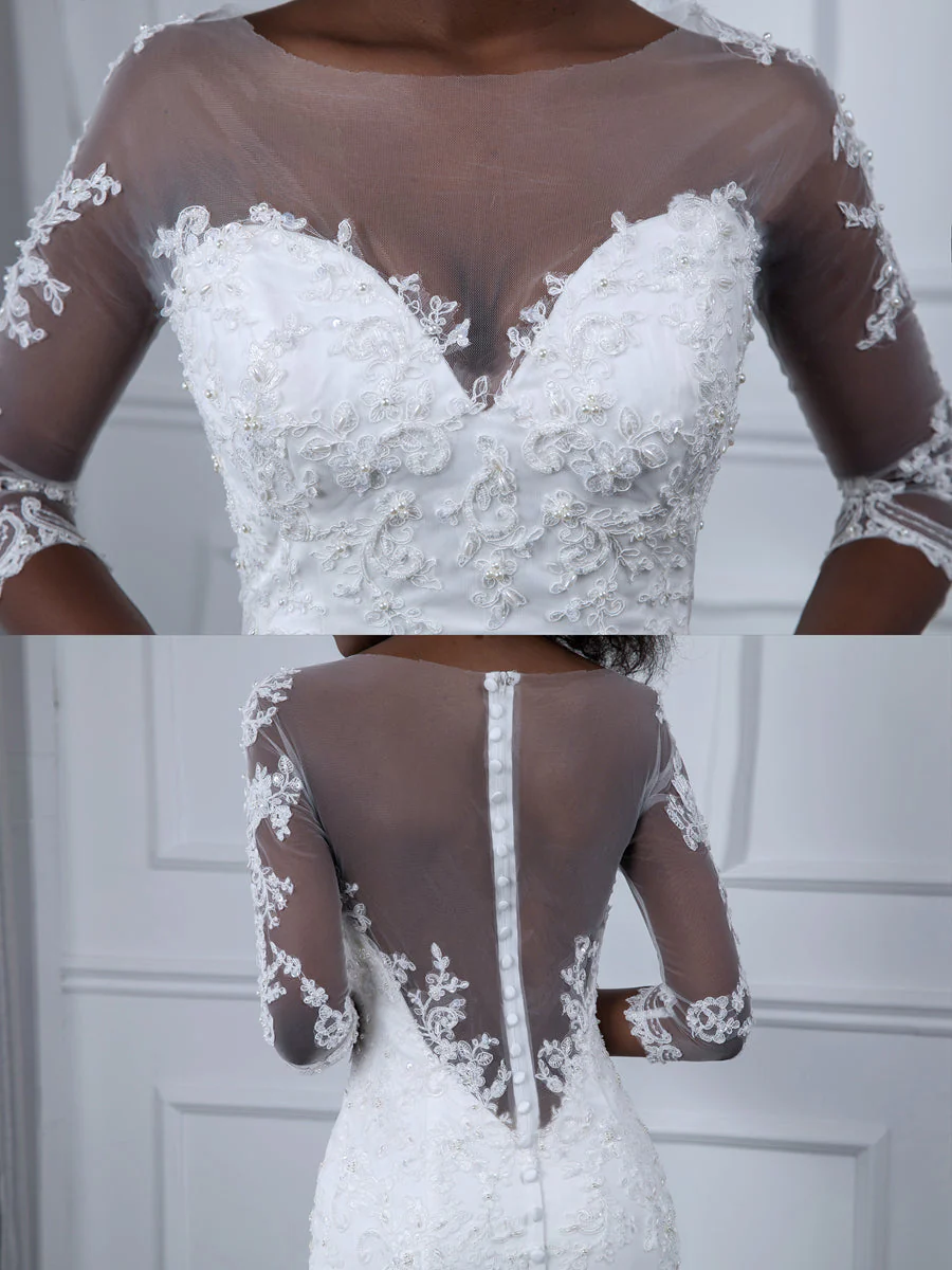 Sheer Neck 3/4 Sleeves Tulle Mermaid Wedding Dresses with Beading Appliques - Image 6