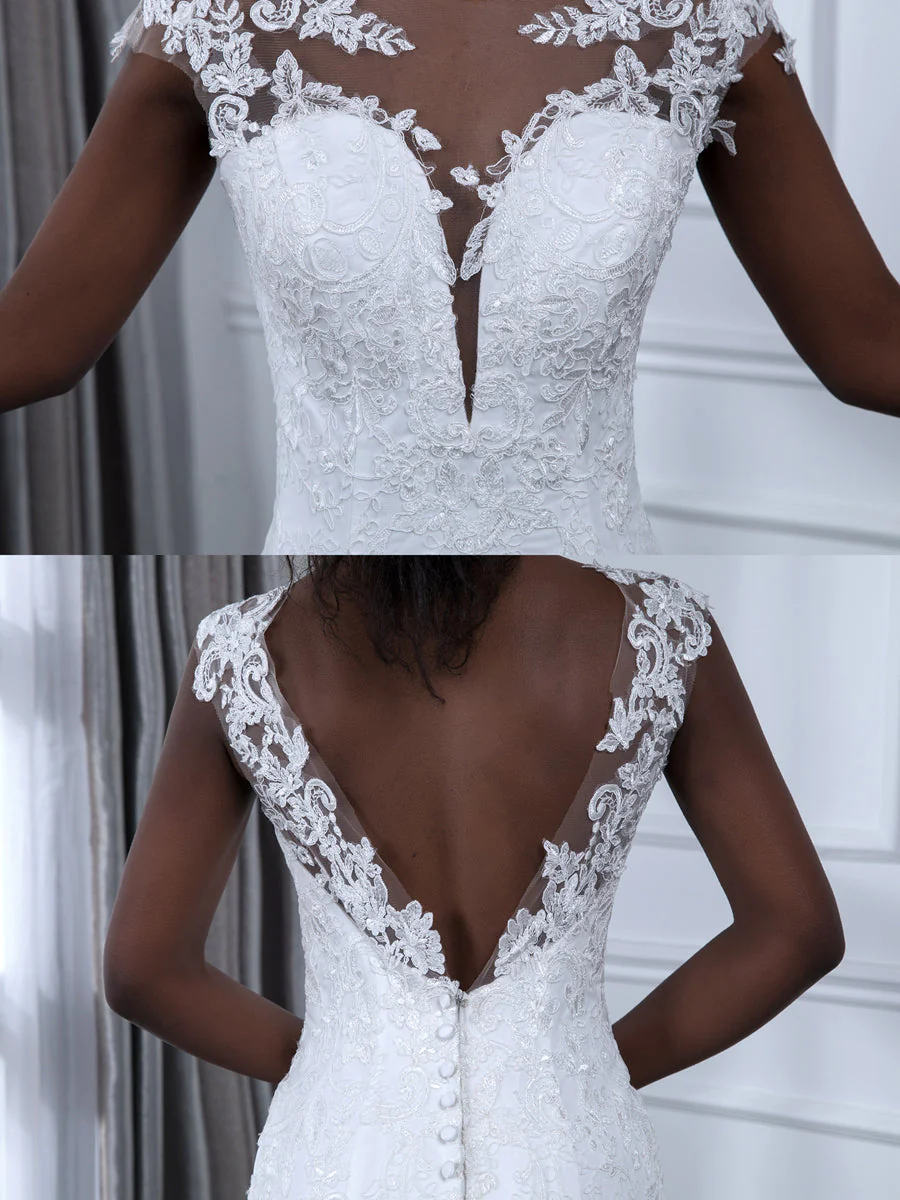 Sheer Neck Sleeveless Tulle Mermaid Wedding Dresses with Appliques - Image 7