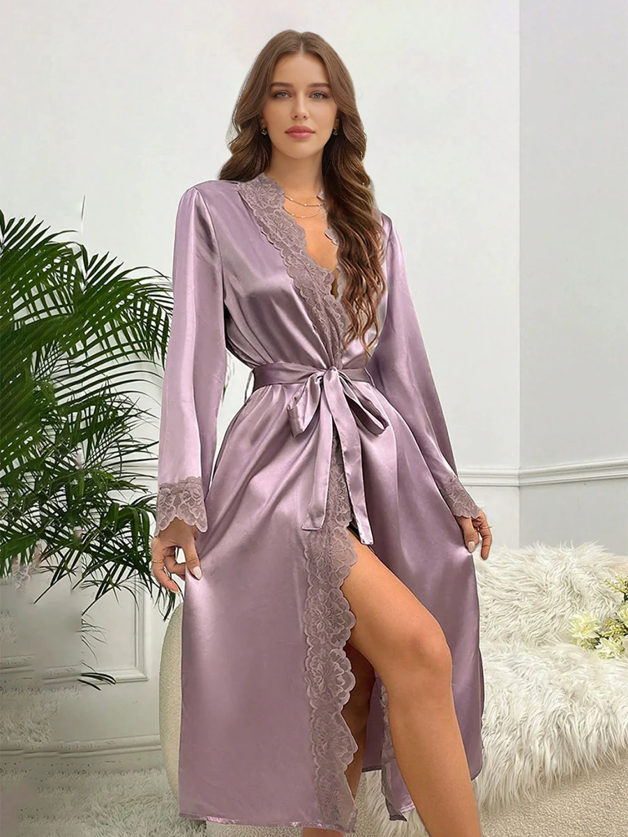 Silk Satin Long Sexy Bride Robes with Lace Trim - Image 5