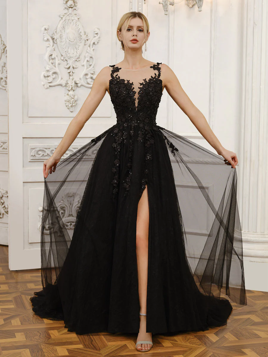 Sleeveless Tulle Wedding Dresses with Split Side & Appliques - Image 5