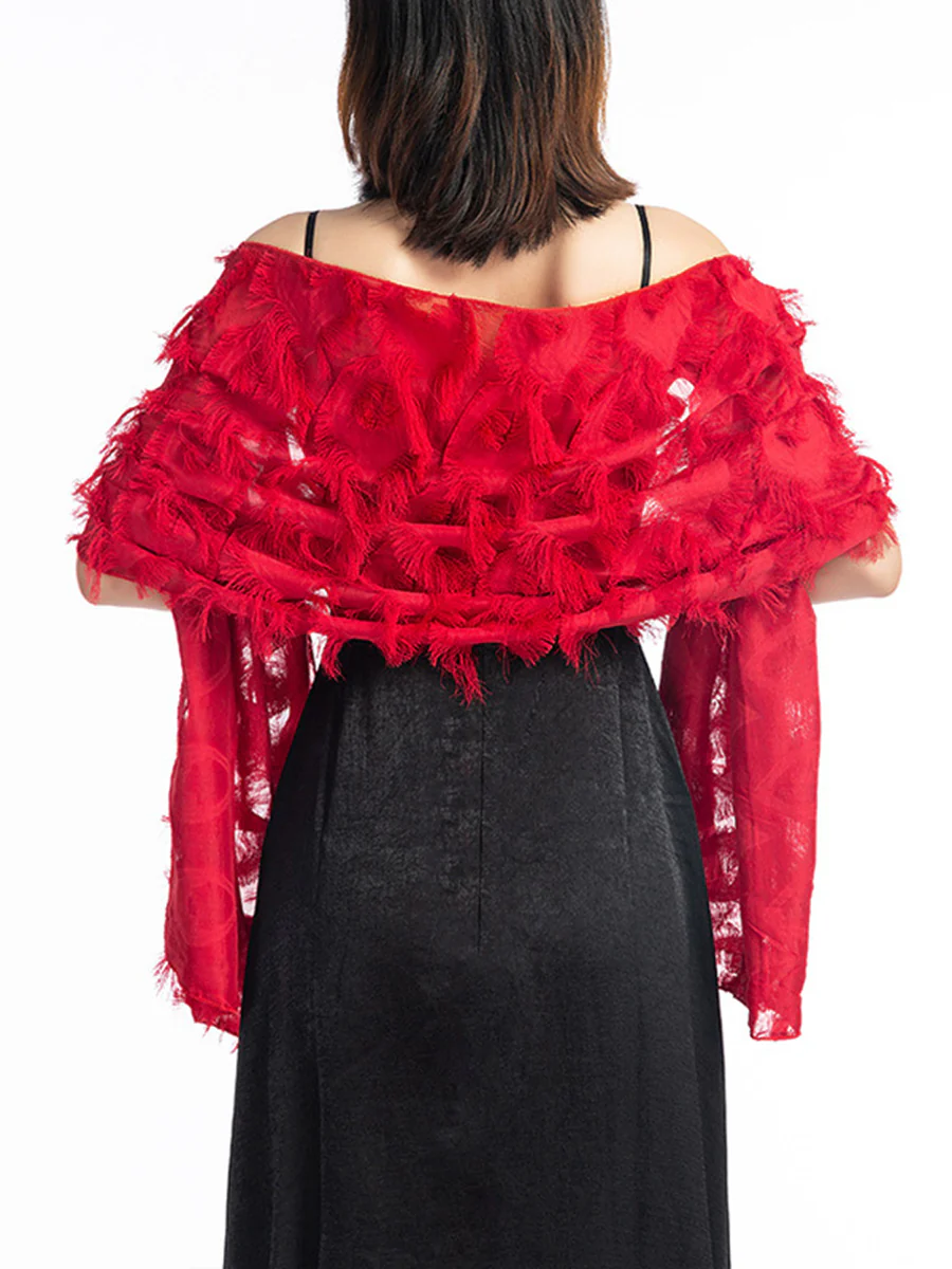 Solid Colored Stylish Fringed Cape Shawl for Women - Image 3