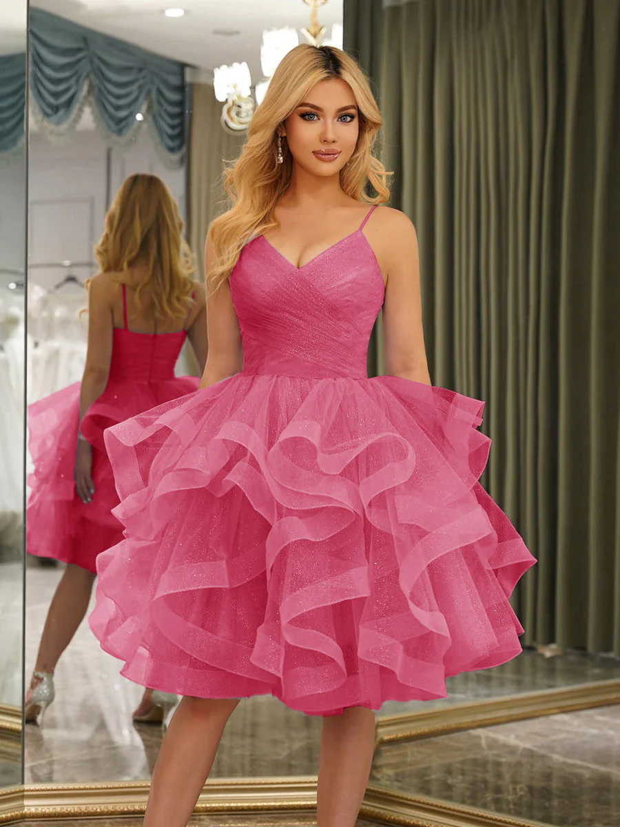 Spaghetti Straps Sleeveless Knee-Length Ball Gown Dresses with Ruffles - Image 31