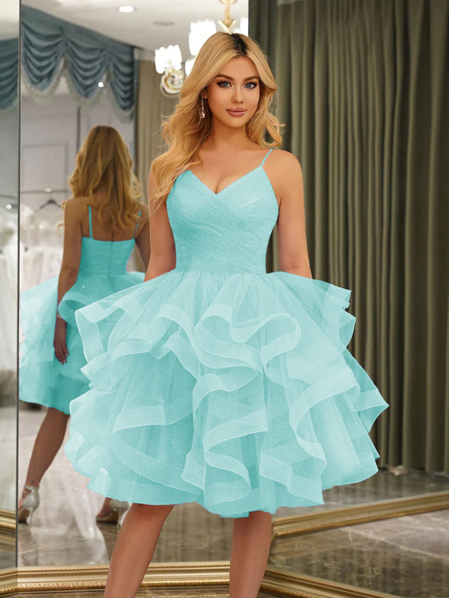 Spaghetti Straps Sleeveless Knee-Length Ball Gown Dresses with Ruffles - Image 39