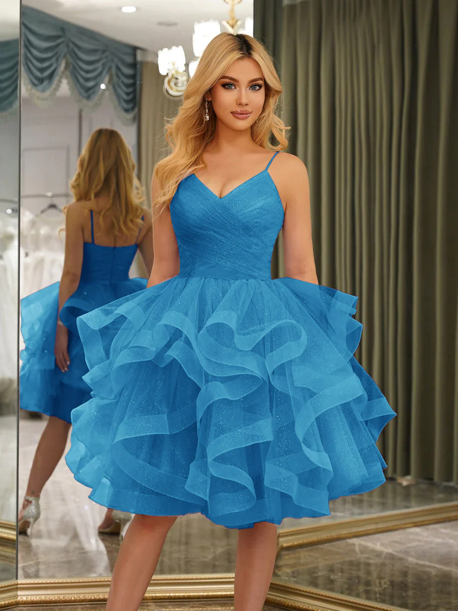 Spaghetti Straps Sleeveless Knee-Length Ball Gown Dresses with Ruffles - Image 47