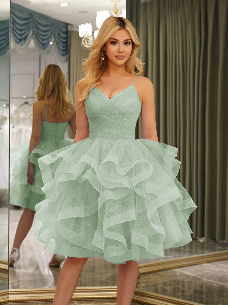 Spaghetti Straps Sleeveless Knee-Length Ball Gown Dresses with Ruffles - Image 61