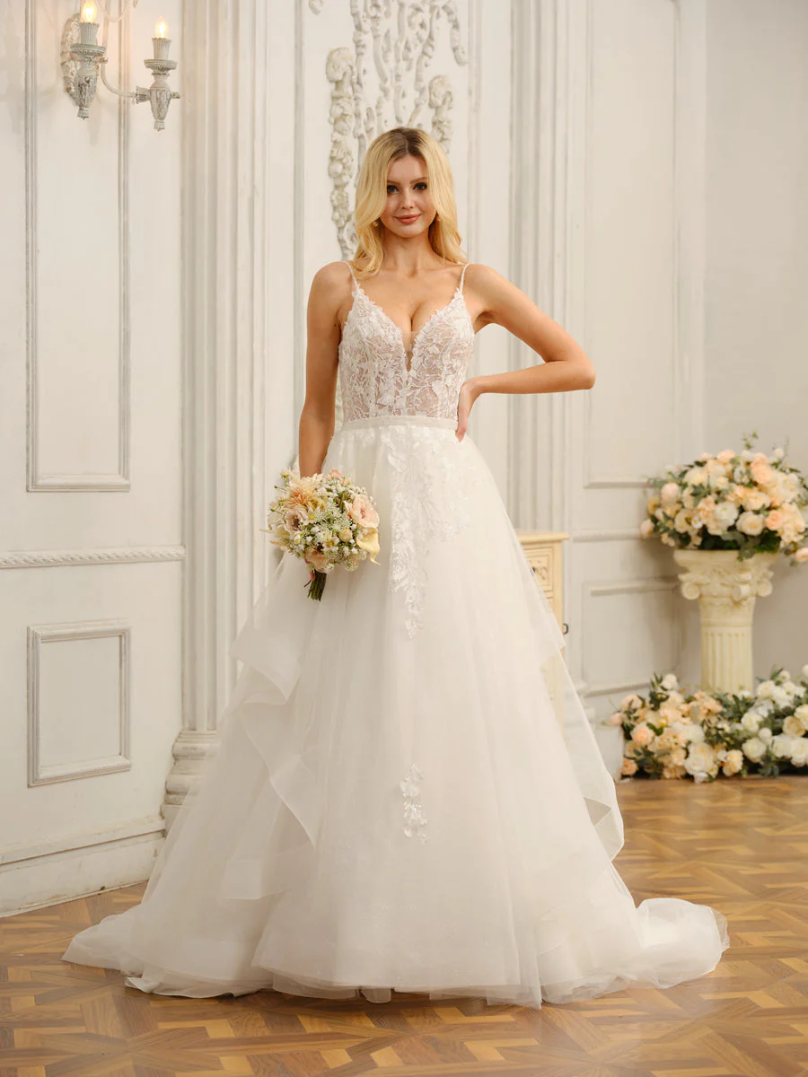 Spaghetti Straps V-Neck Sleeveless Long Wedding Dresses with Appliques & Beading - Image 3