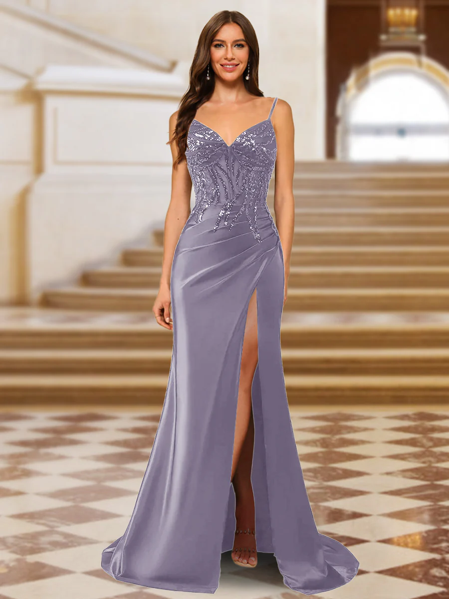 Sparkly Trumpet/Mermaid Spaghetti Straps Long Evening Dresses with Side Slit - Image 23