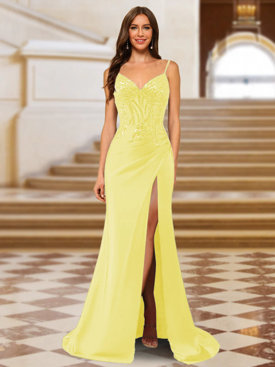 Sparkly Trumpet/Mermaid Spaghetti Straps Long Evening Dresses with Side Slit - Image 9