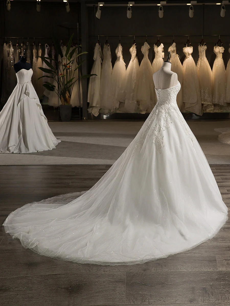 Strapless Sleeveless Tulle Embroidery With Beading Court Train Ball Gown Wedding Dresses - Image 3