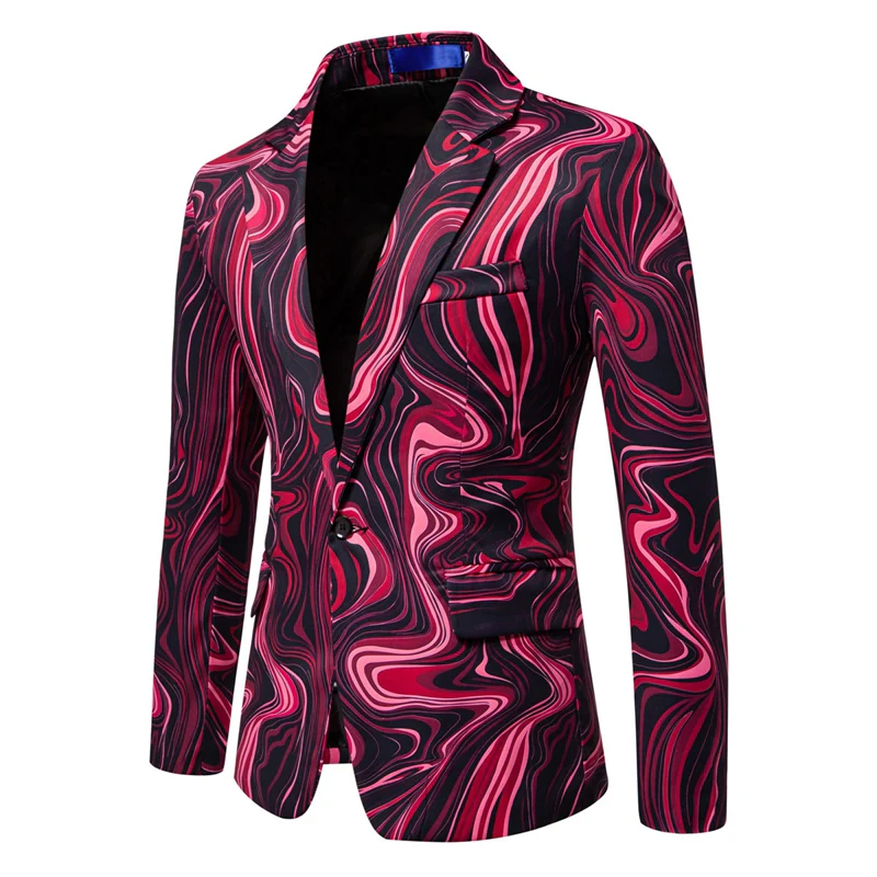 Tailored Fit Notch Single Breasted One-button Printed Wave Men's Jacket - Image 3