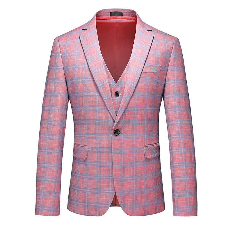 Tailored Fit Notched Lapel Single Breasted One-Button Grid 3 Piece Men's Party Suits - Image 3