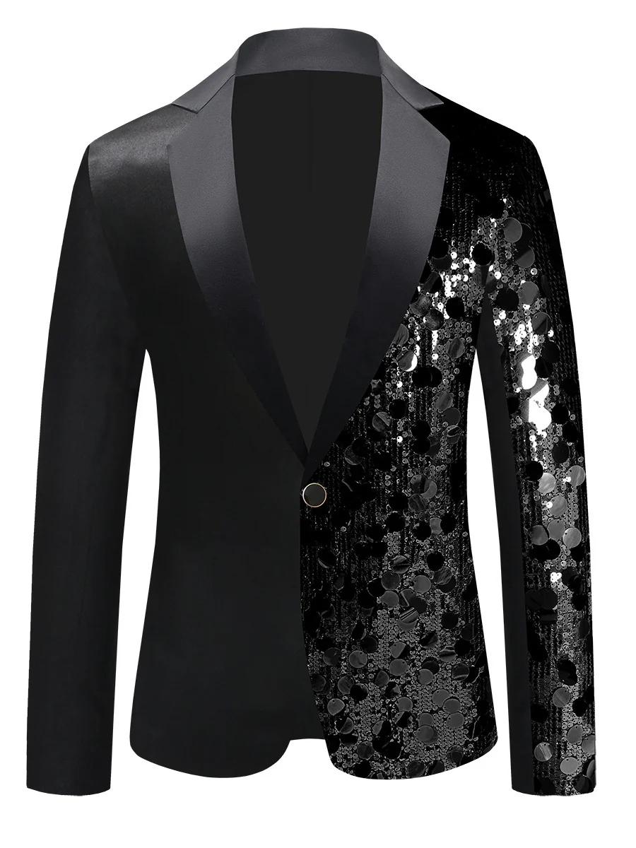 Tailored Fit Notched Lapel Single Breasted One-Button Men's Party Jacket with Sequins - Image 5