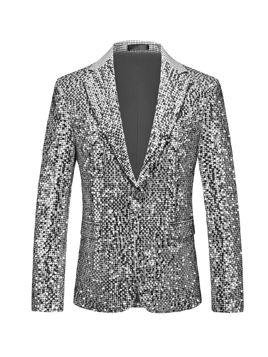 Tailored Fit Notched Lapel Single Breasted One-Button Men's Party Jacket With Sequins - Image 5