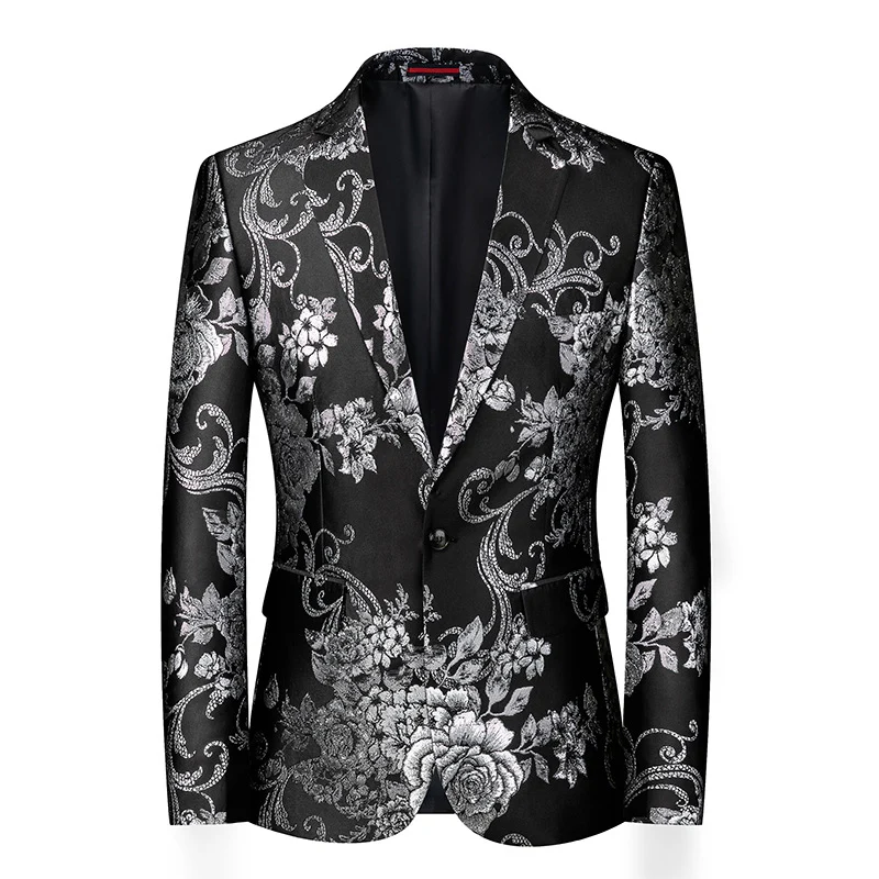 Tailored Fit Notched Lapel Single Breasted One-button Printed Men's Elegant Jacket - Image 4
