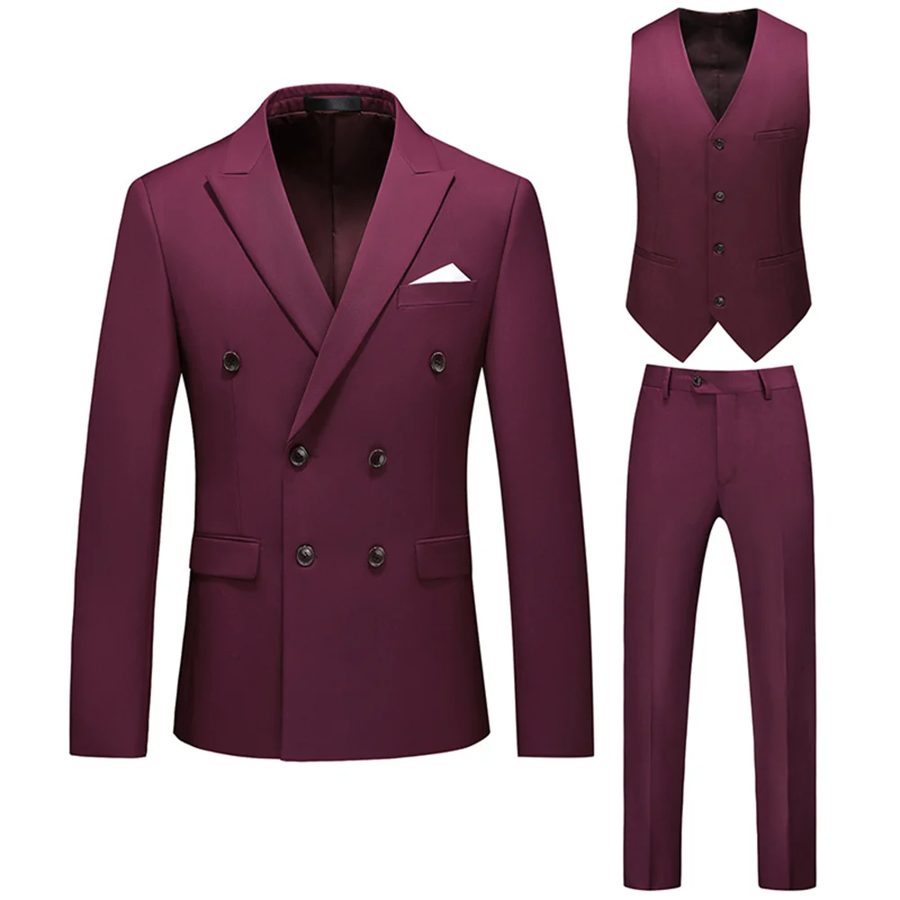 Tailored Fit Peaked Lapel Double Breasted Six-buttons 3 Pieces Men's Wedding Suits - Image 2