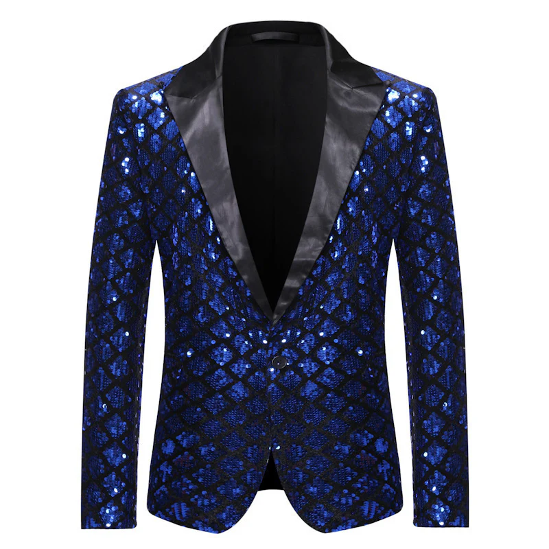 Tailored Fit Peaked Lapel Single Breasted One-Button Sequin Men's Party Jacket - Image 4