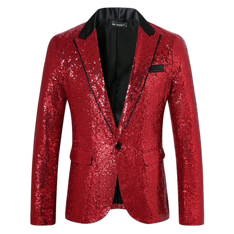 Tailored Fit Peaked Lapel Single Breasted One-Button Sequin Men's Party Jacket with Pockets - Image 10