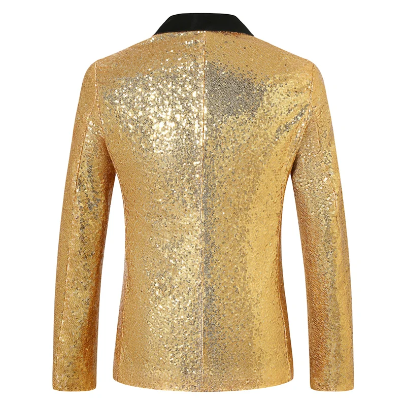 Tailored Fit Peaked Lapel Single Breasted One-Button Sequin Men's Party Jacket with Pockets - Image 2