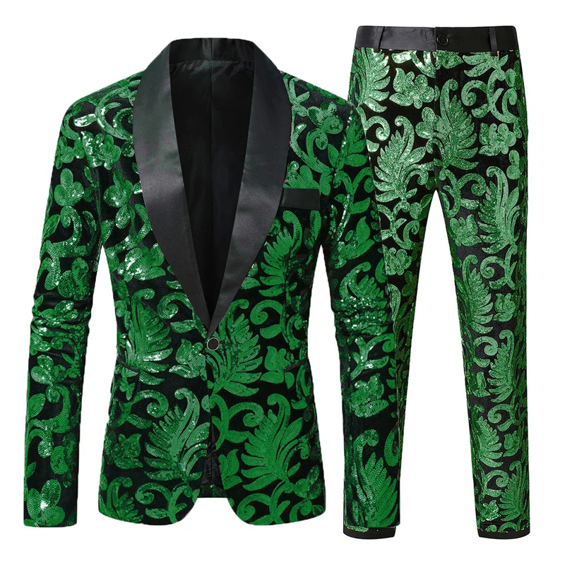 Tailored Fit Shawl Lapel Single Breasted One-Button 2 Piece Men's Party Suits with Sequin Appliques - Image 6